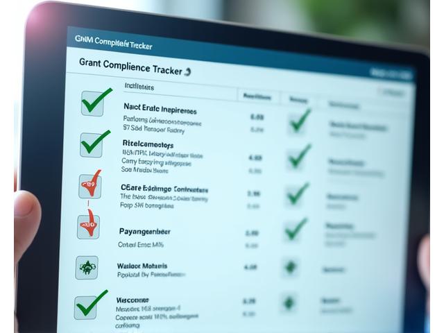 A compliance checklist on a digital screen with green checkmarks next to completed items and red alerts for outstanding requirements, alongside a progress bar for application status and a calendar with highlighted deadlines.