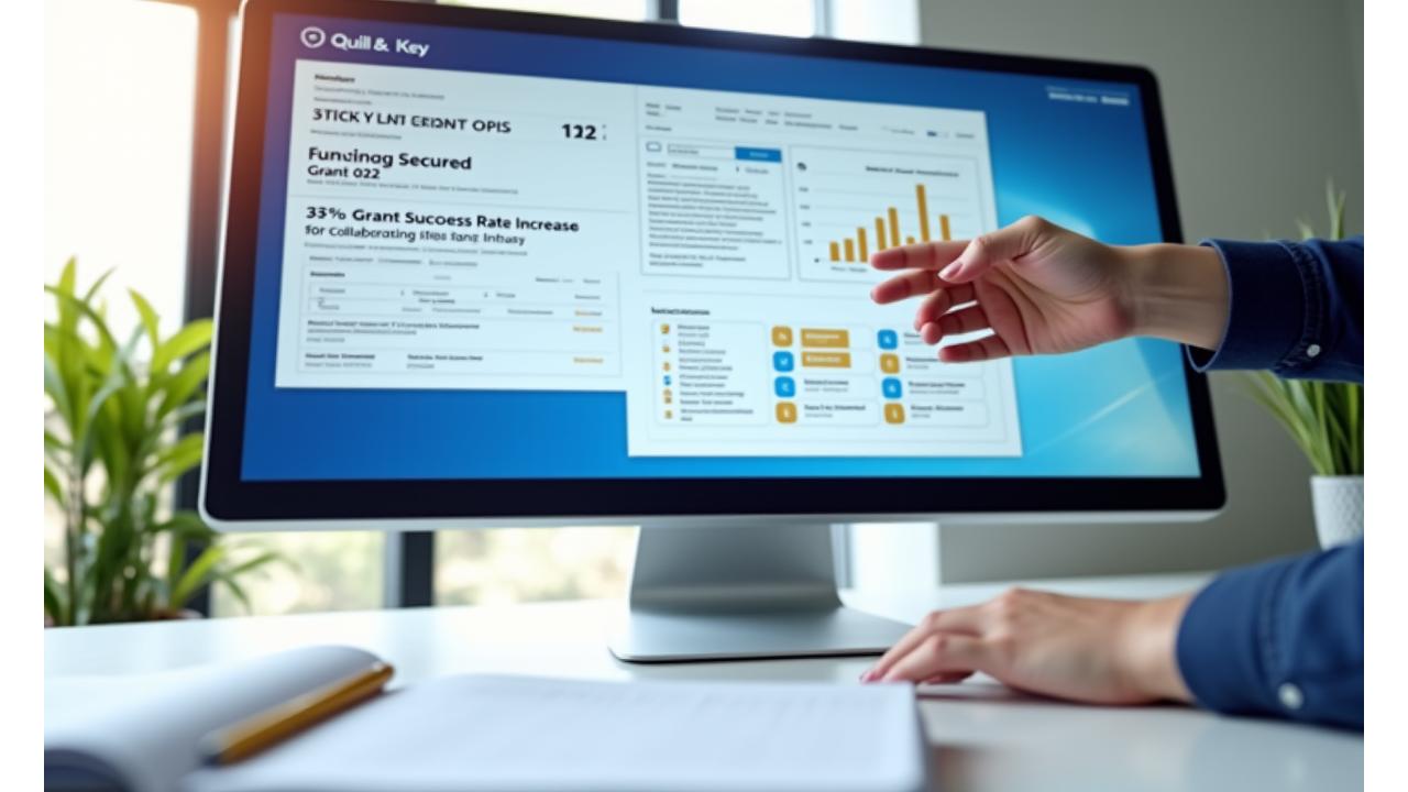 An organized digital workspace with grant proposal documents, charts showing funding success increase, and collaboration bubbles. A testimonial overlay features 'Dr. Evelyn Reed, Director of Research at Sterling University' with a quote about 'securing 25% more funding this year'.