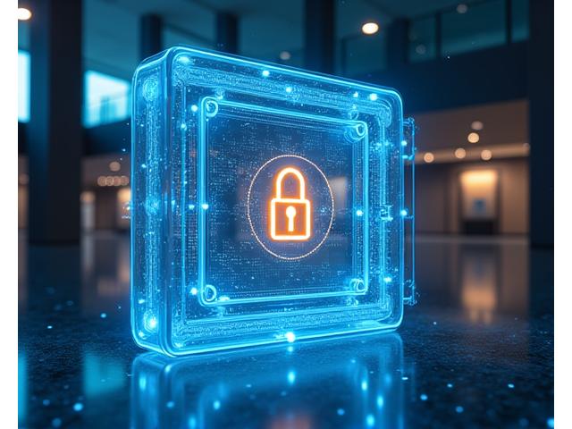 Conceptual image of secure digital vault, with glowing shield icons and intertwined blockchain-like structures representing data encryption and access control. A blurred background suggests a university campus or research lab.