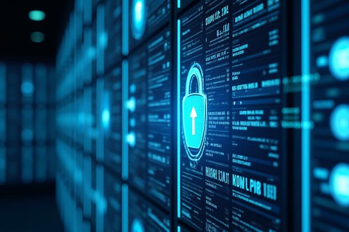 A dashboard displaying clinical data with strong emphasis on PHI protection, encryption indicators, and compliance monitoring graphs. Secure data analysis tools are evident.