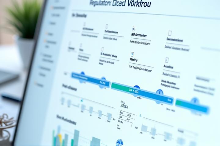 A regulatory workflow dashboard showing submission tracking, compliance timelines, and checklists for FDA and IRB requirements. Documents with secure seals are visible.