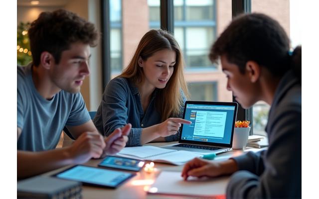 Students collaborating on research papers in a university library
