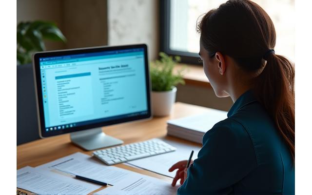 Researcher preparing a grant application with organized documents