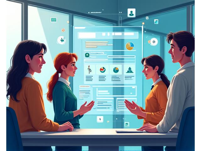 Illustration of diverse team members collaborating around a central digital knowledge platform, with chat bubbles, shared documents, and contribution icons.