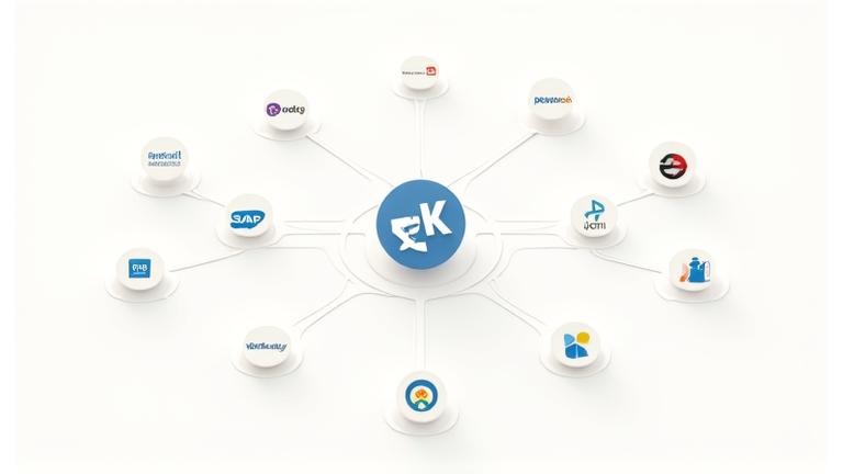 Stylized diagram showing a central Quill & Key Systems icon connected via lines to various corporate software logos (CRM, ERP, CMS, communication tools), illustrating data integration.