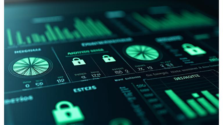 A dashboard interface displaying security settings, access permissions, and data compliance metrics, with lock icons and bar graphs.