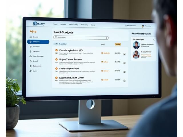 User interface screenshot showing a sophisticated search bar with dropdown filters and dynamic results, highlighting intelligent suggestions and expert profiles.