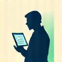 Icon depicting a user looking at data on a screen, symbolizing data access.