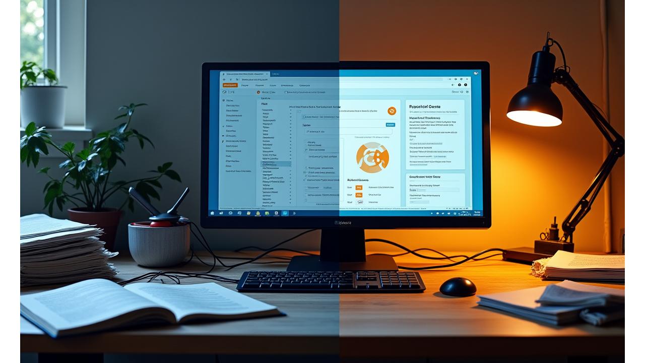 A cluttered physical desk on the left, with scattered papers and books, morphing into a clean, organized digital workspace on a sleek monitor on the right, showing Quill & Key's intuitive research dashboard.