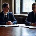 Legal professionals discussing confidential documents in a modern law office setting, with a subtle overlay representing data security and compliance.