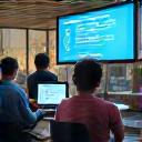 Diverse group of university researchers and students working collaboratively in a modern library, with abstract digital data flowing securely around them.