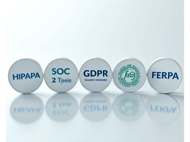 Collection of official compliance certification badges including HIPAA, SOC 2 Type II, and GDPR logos, displayed prominently on a clean white background.