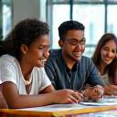 Photo of a diverse group of students smiling and working together.