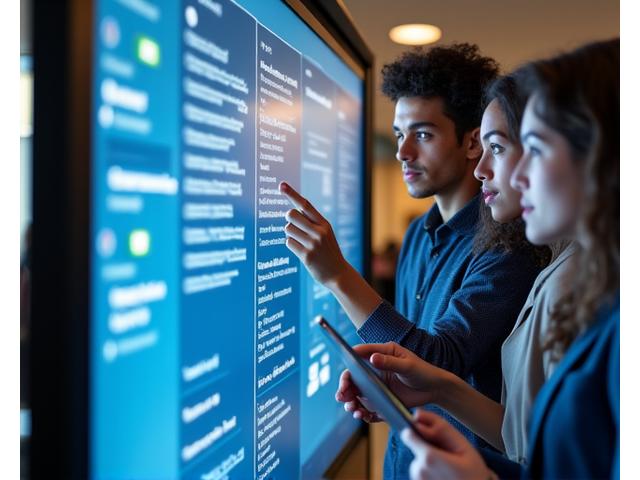 Three diverse students collaboratively working on a project on shared screens within the Quill & Key Systems interface, demonstrating real-time editing and task management.