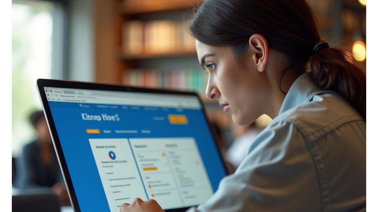 Student using Quill & Key Systems software on a laptop in a vibrant study cafe, showing an organized interface with notes, research, and collaborative project elements.