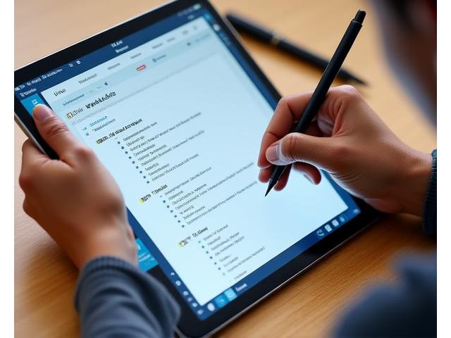 Close-up of a student's hands interacting with a tablet displaying a Quill & Key Systems note-taking interface, showing interconnected notes, multimedia embeds, and visual tags.