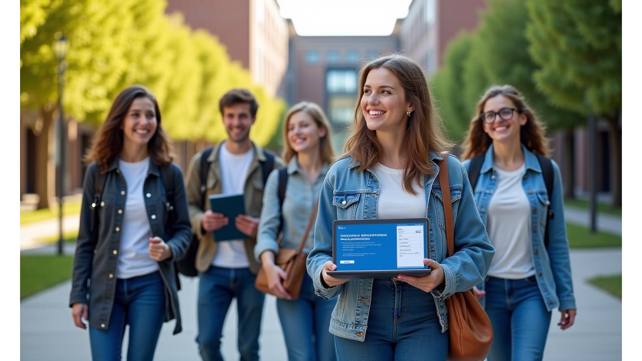 A diverse group of smiling students on a university campus, looking confidently at their mobile devices and laptops, symbolizing ease of access and successful academic future.