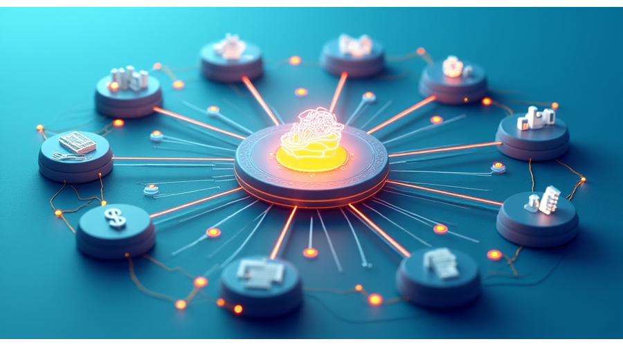 An intricate network diagram illustrating Quill & Key Systems at the center, seamlessly connected to icons representing various popular project management tools, communication platforms, and document management systems, all within a vibrant digital ecosystem.